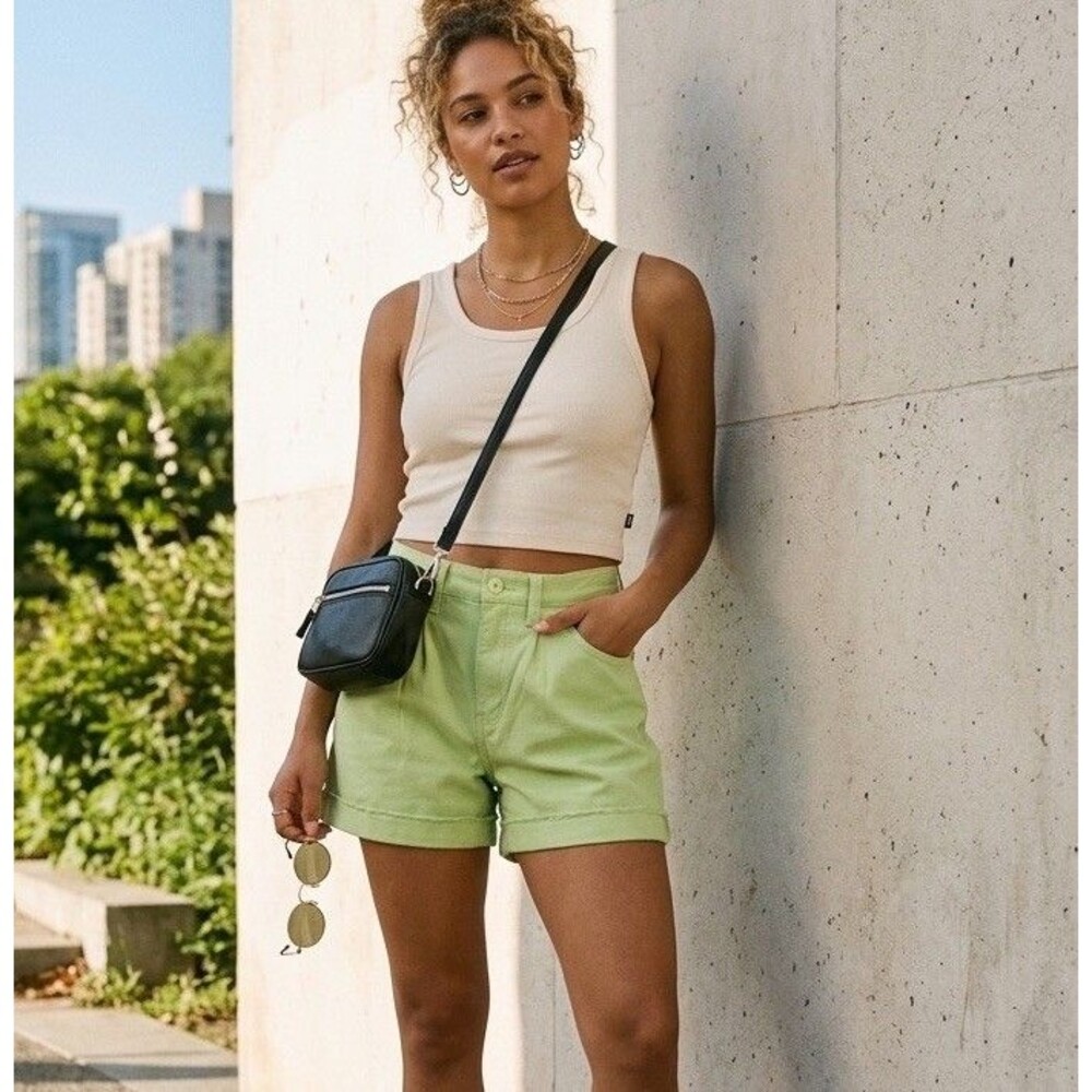 Vans Barnes Canvas Shorts Lime Green High Rise Pleated Skater Boho 28 NWT